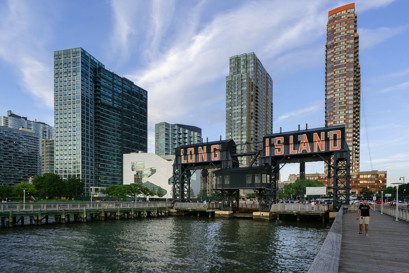 Iconic Long Island sign over East River in New York