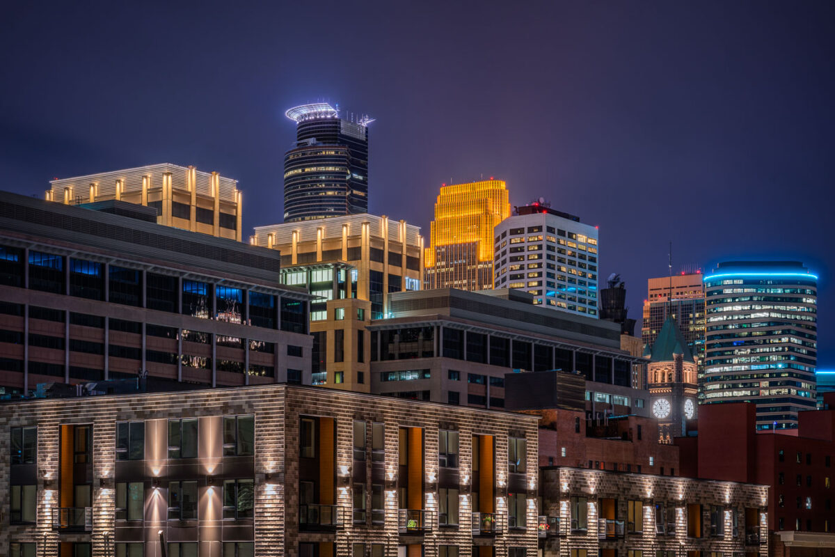 Minneapolis Skyline Viewed At Night From Downtown East
