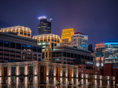 Minneapolis Skyline Viewed At Night From Downtown East