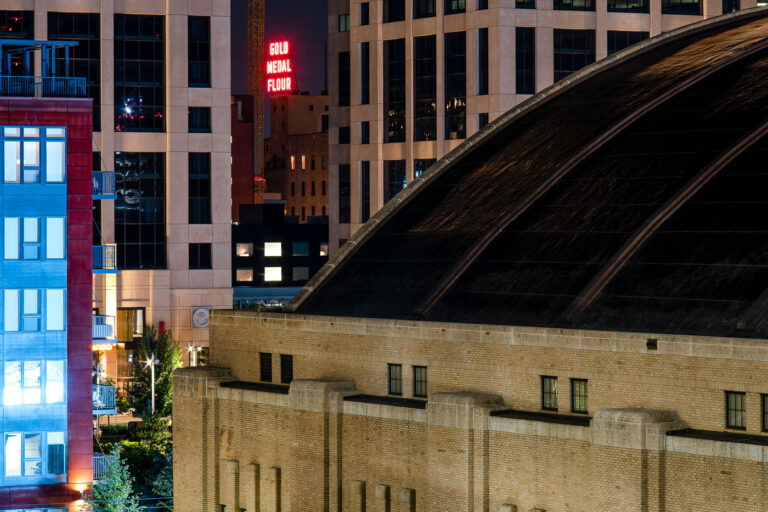 The Armory and Gold Medal Flour in Minneapolis 1 Gold Medal Flour sign seen from Downtown East.