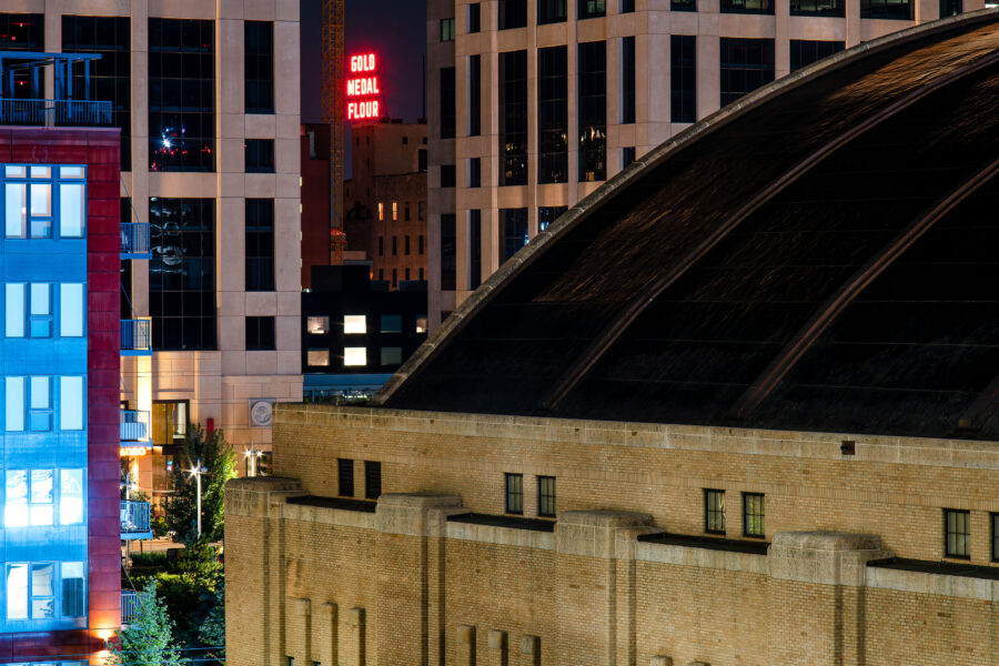 The Armory and Gold Medal Flour sign in Downtown Minneapolis