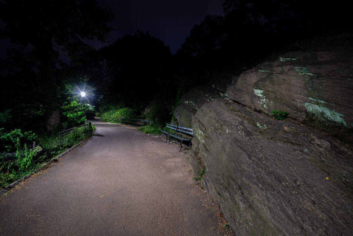 Benches in Central Park on a September evening.