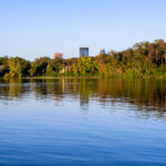 IDS Center in Downtown Minneapolis visible from Lake of the Isles.