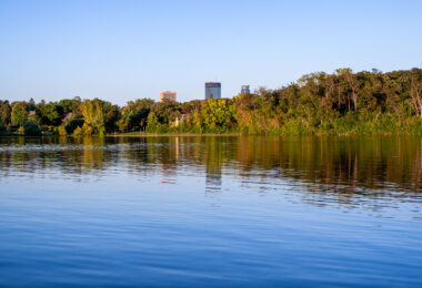 IDS Center in Downtown Minneapolis visible from Lake of the Isles.