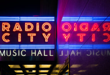 Neon lights at Radio City Music Hall in New York City.