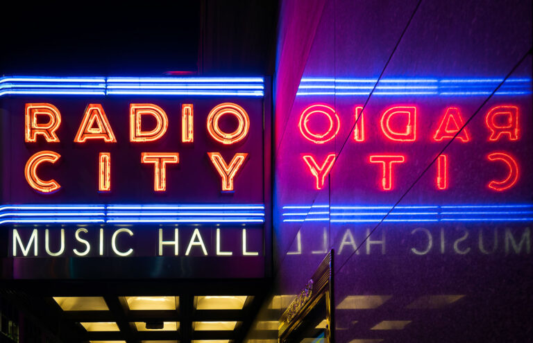 Radio City Music Hall in New York City 2 Neon lights at Radio City Music Hall in New York City.