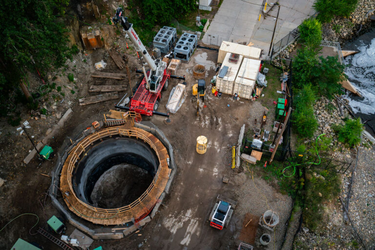 Public Works Water Main Project 1 The shaft being made that will bring a tunnel boring machine to bore a tunnel under the Mississippi River for a water main.