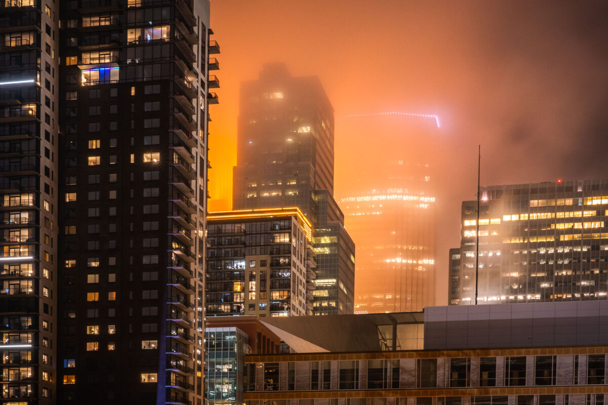 Wells Fargo Tower Lights Up Downtown With Fog