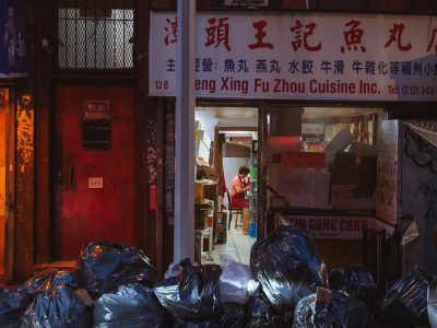 Trash Bags Piled Outside Zheng Xing Fu Zhou Cuisine in Chinatown