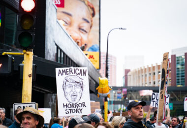 "American Horror Story" protest sign in Minneapolis on October 10, 2019.