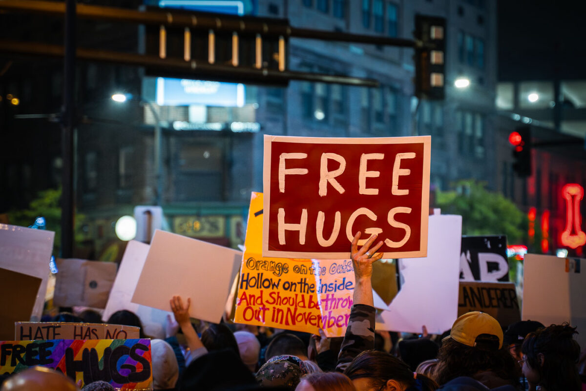 Free Hugs Sign at Trump Protest in Downtown Minneapolis