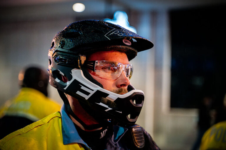 Minneapolis Police Officer at Trump Rally 4 A Minneapolis Police officer wearing a helmet at a Donald Trump rally in Minneapolis on October 10, 2019.