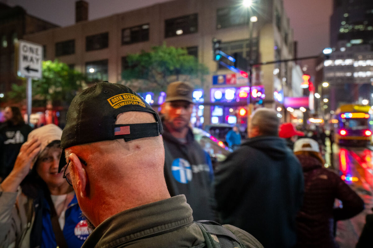 Oath Keepers Hat at 2019 Minneapolis Trump Rally Protest