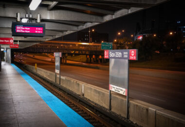 The Red Line train platform of the Sox-35th St stop on the southside of Chicago.