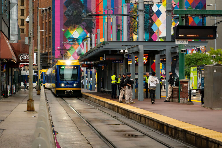 Target Field Light Rail Station and Prince Mural Minneapolis 2 Located near the Target Center in downtown Minneapolis, the Target Field light rail station was patrolled by Homeland Security officers on October 10, 2019. The increased presence coincided with a major political rally at the nearby arena, leading to heightened security across the surrounding Warehouse District transit corridor.