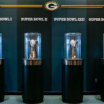 The Lombardi Trophies won by the Green Bay Packers seen inside their headquarters.