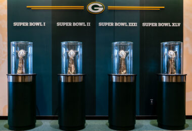 The Lombardi Trophies won by the Green Bay Packers seen inside their headquarters.