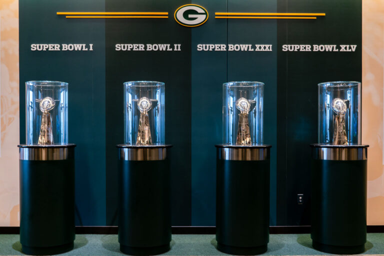 Green Bay Packers Lombardi Trophies 3 The Lombardi Trophies won by the Green Bay Packers seen inside their headquarters.