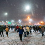 Fans leave Lambeau Field on a snowy evening at Lambeau Field in Green Bay, WI. The Packers defeated the Carolina Panthers 24-16.