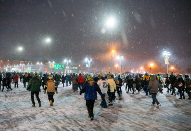 Fans leave Lambeau Field on a snowy evening at Lambeau Field in Green Bay, WI. The Packers defeated the Carolina Panthers 24-16.