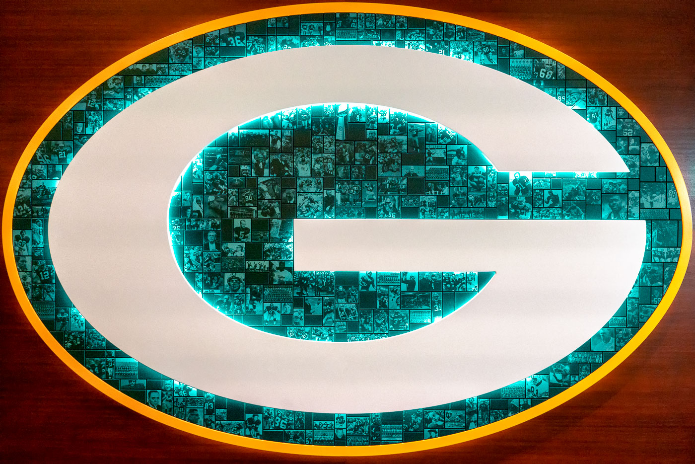 Green Bay Packers "G" found inside the players facility at 1265 Lombardi Avenue in Green Bay, Wisconsin.