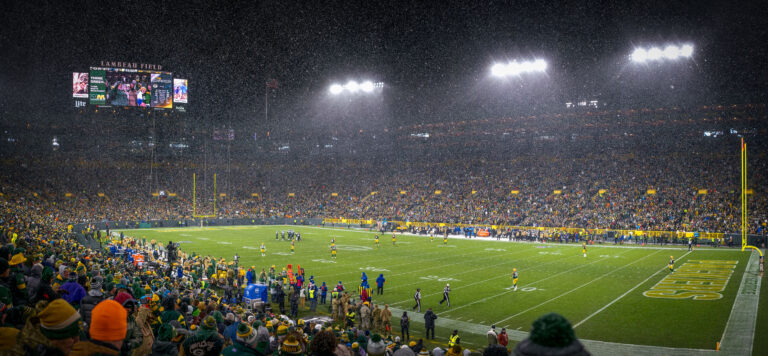 Packers vs Panthers at Lambeau Field in Snow 1 Snow falls on Lambeau Field in Green Bay, Wisconsin, during an NFL game between the Packers and the Panthers.