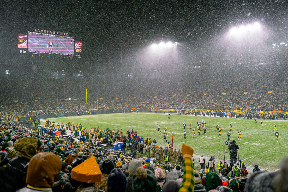 Heavy snow falling at Lambeau Field as the Green Bay Packers defeat the Carolina Panthers 24-16.