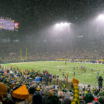 Heavy snow falling at Lambeau Field as the Green Bay Packers defeat the Carolina Panthers 24-16.