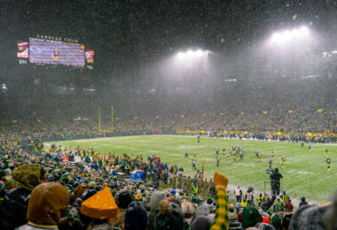 Heavy snow falling at Lambeau Field as the Green Bay Packers defeat the Carolina Panthers 24-16.
