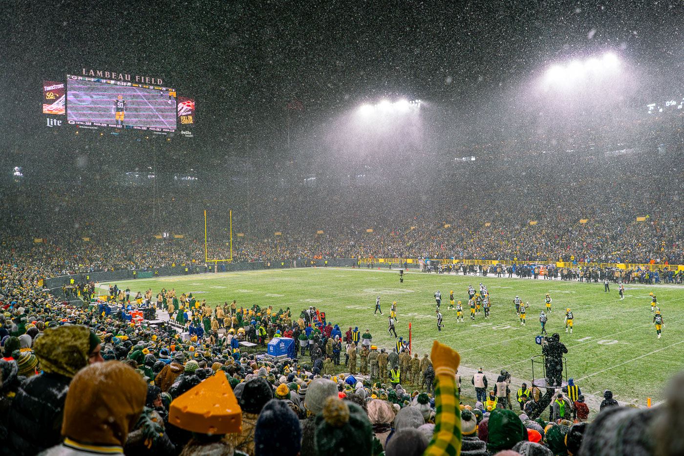 Heavy snow falling at Lambeau Field as the Green Bay Packers defeat the Carolina Panthers 24-16.