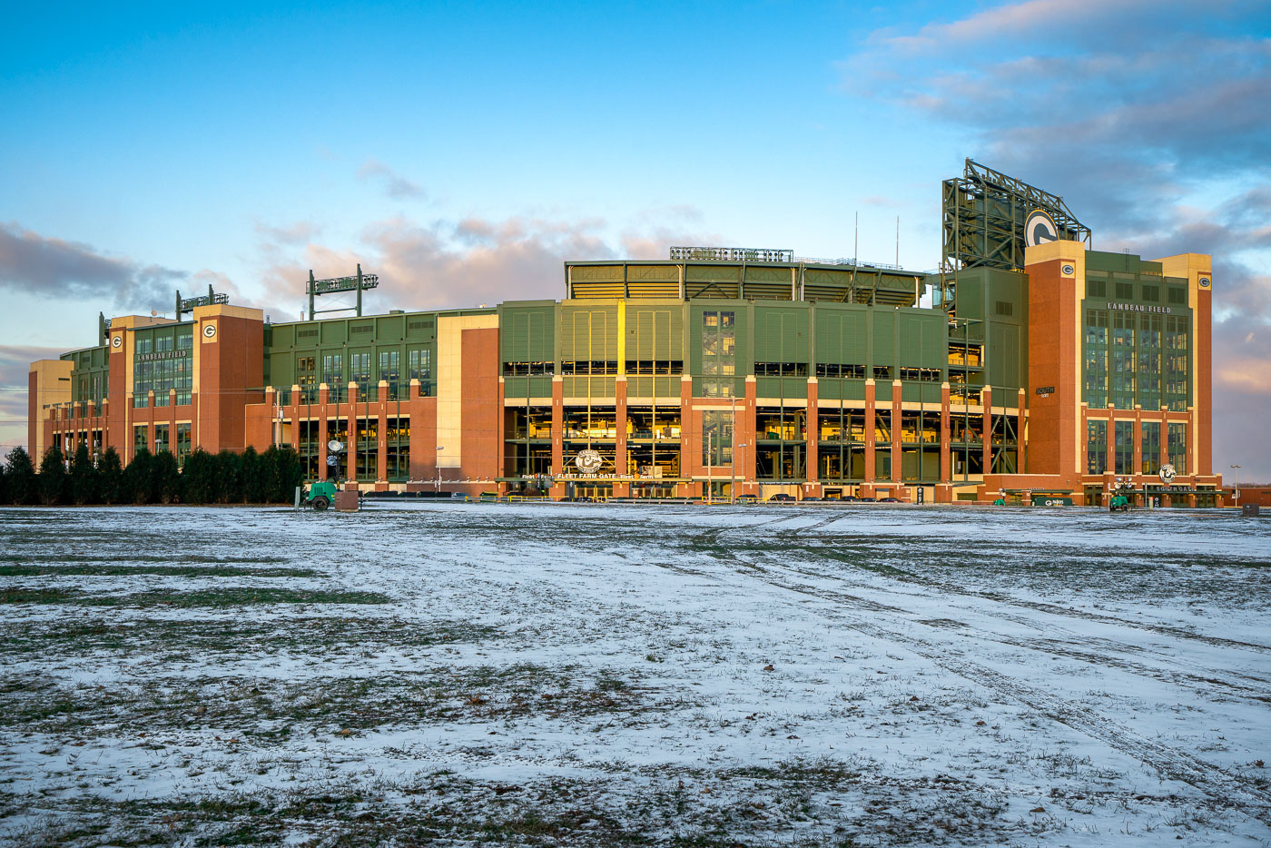 Lambeau Field with blue skies and snow