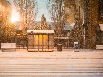 Snowstorm at a Lake Street Bus Shelter in Minneapolis