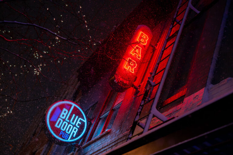 Snow falls at Blue Door Pub 4 Blue Door Pub in Uptown Minneapolis during the November 26th, 2019 snowstorm.