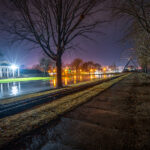 Water pools up behind the main building at Bay Beach Amusement Park just before the winter freeze.