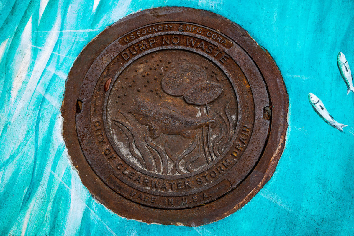 City of Clearwater storm drain manhole lid with fish design. States Dump No Waste.
