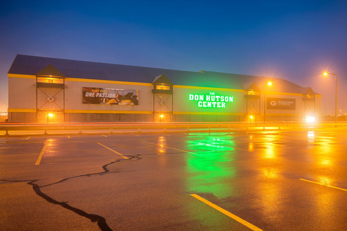 Don Hutson Center on a foggy night in Green Bay. The facility serves as the closed practice facility for the NFL's Green Bay Packers.