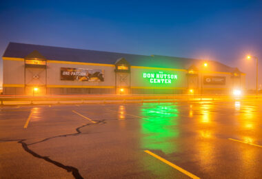 Don Hutson Center on a foggy night in Green Bay. The facility serves as the closed practice facility for the NFL's Green Bay Packers.