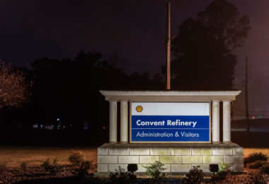 Sign outside the entrance to the Shell Covent Refinery in Covent, LA.