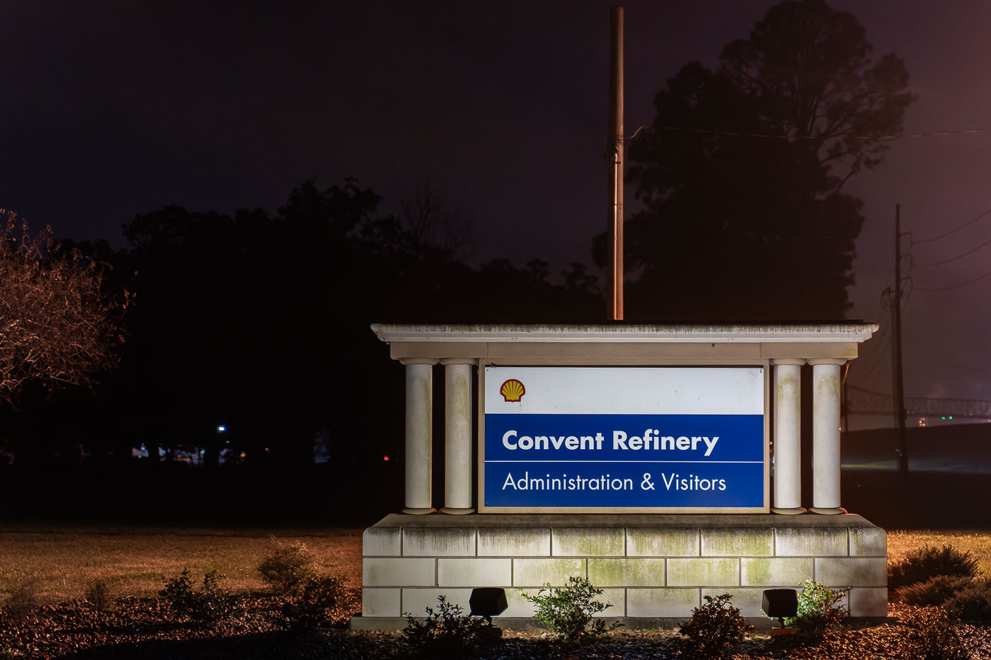 Sign outside the entrance to the Shell Covent Refinery in Covent, LA.