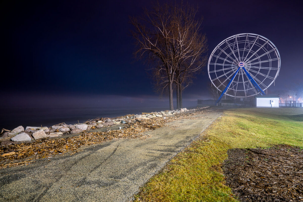Ferris Wheel at Bay Beach Amusement Park in Green Bay, Wisconsin on a foggy December evening.