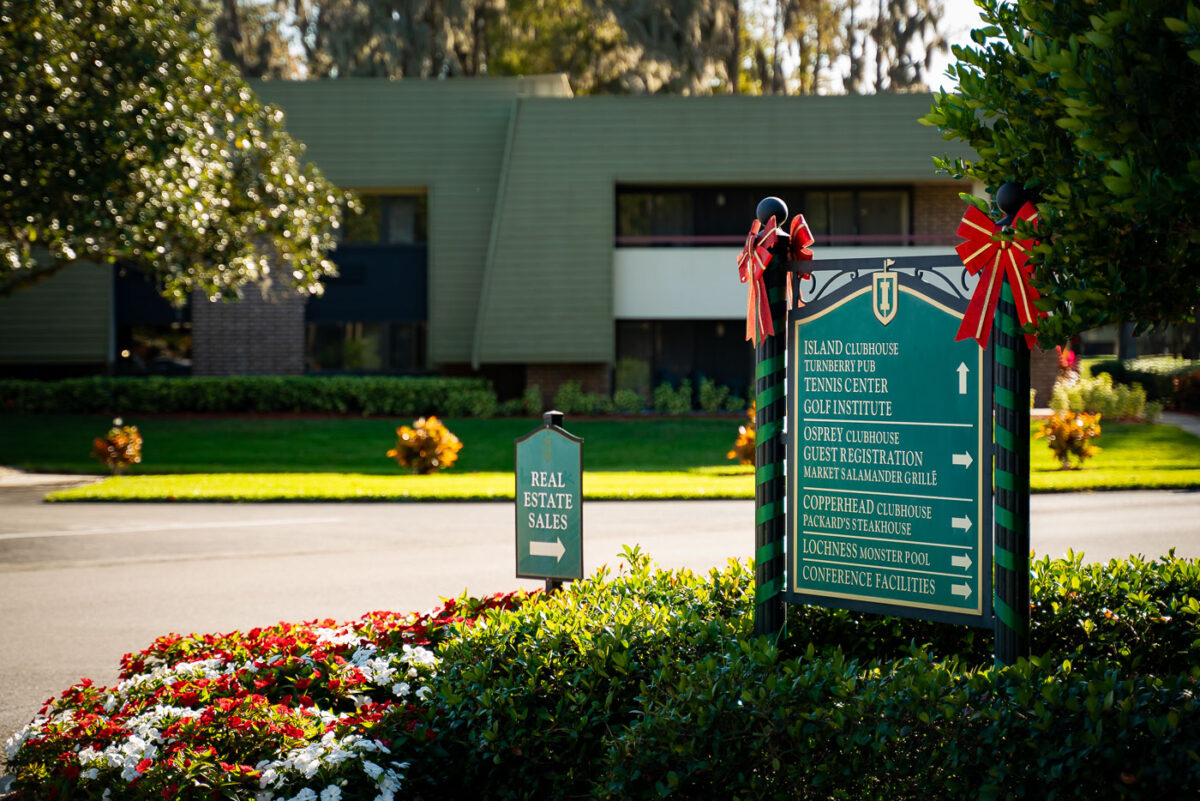 A sign directing visitors to various buildings around Innisbook Resort in Palm Harbor, Florida.
