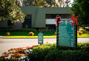 A sign directing visitors to various buildings around Innisbook Resort in Palm Harbor, Florida.