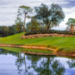 The entrance landscaping at the Innisbrook Resort in Palm Harbor, Florida, features the resort’s name sculpted in trimmed hedges along a manicured hill. Reflected in a nearby pond, the display welcomes guests to the golf and spa property known for its championship courses and natural setting. Tall pines and live oaks frame the scene, emphasizing the resort’s park-like character.
