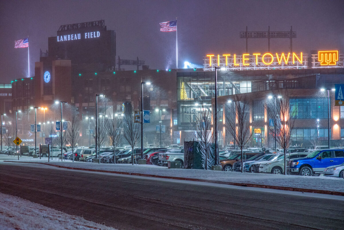 Lambeau Field and the Titletown District on Lombardi Avenue in Green Bay, WI.