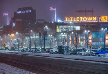Lambeau Field and the Titletown District on Lombardi Avenue in Green Bay, WI.
