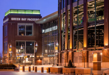 The Lambeau Field Atrium in Green Bay, Wisconsin at night.