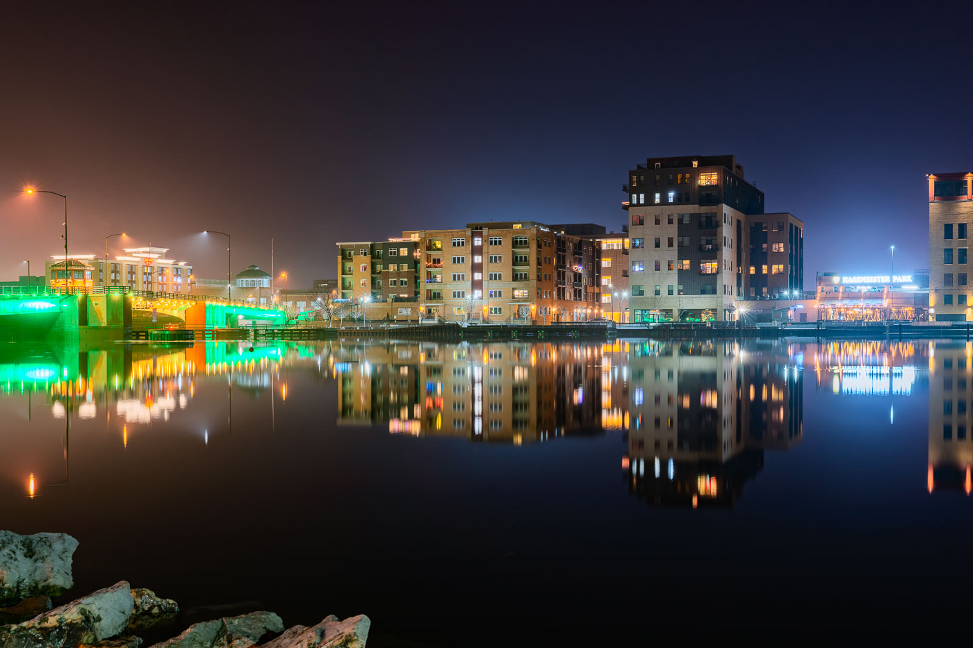 Reflections on Fox River in Downtown Green Bay