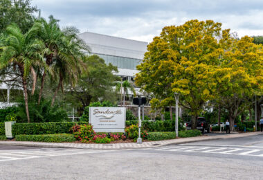 Located at 200 N Osceola Ave, the Sandcastle Religious Retreat is operated by the cult of Scientology in Clearwater, Florida. SeaOrg members stand guard outside.