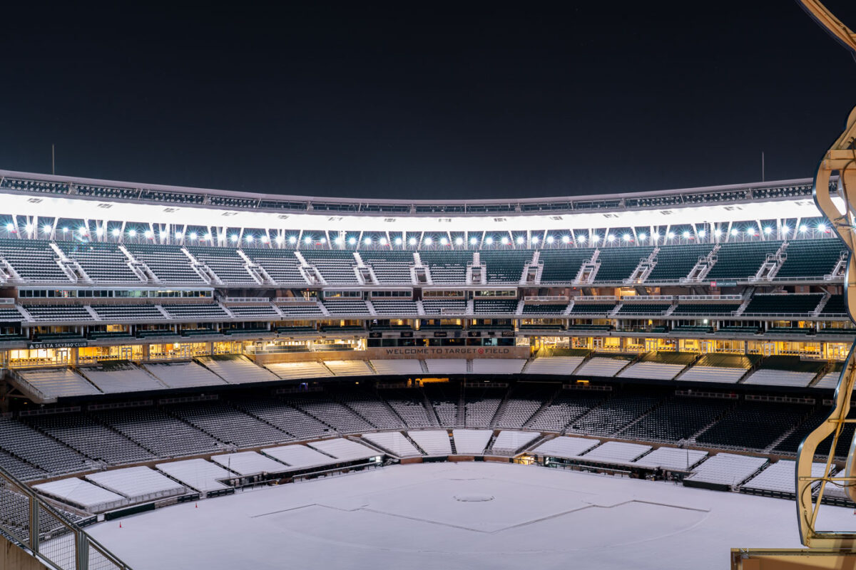 Snow covered Target Field, home of the Minnesota Twins MLB team.