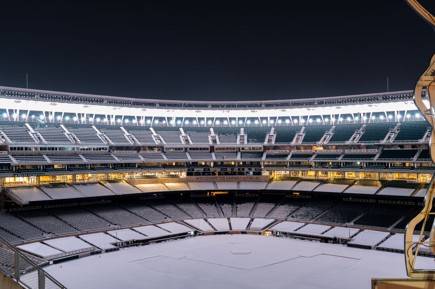 Snow covered Target Field, home of the Minnesota Twins MLB team.
